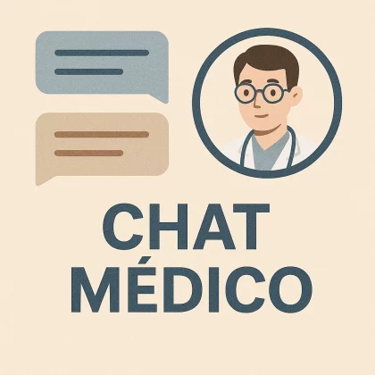 Ilustración de Chat Médico con burbujas de conversación y retrato de doctor, representando consulta médica por chat.