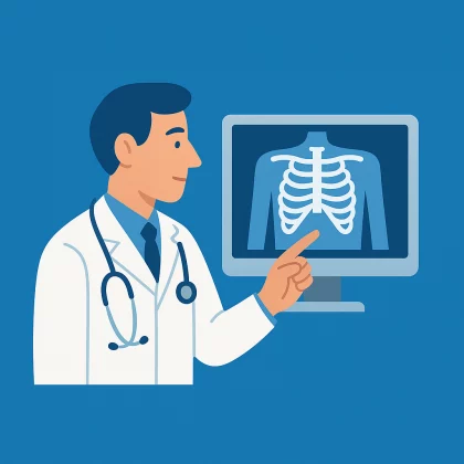 Médico interpretando una radiografía digital, representando el servicio de consulta virtual de radiografías.