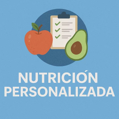 Frutas saludables y plan nutricional sobre fondo azul, representando el servicio de nutrición personalizada.