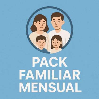 Ilustración de una familia con padres e hijos sobre fondo azul, representando el Pack Familiar Mensual de atención médica.